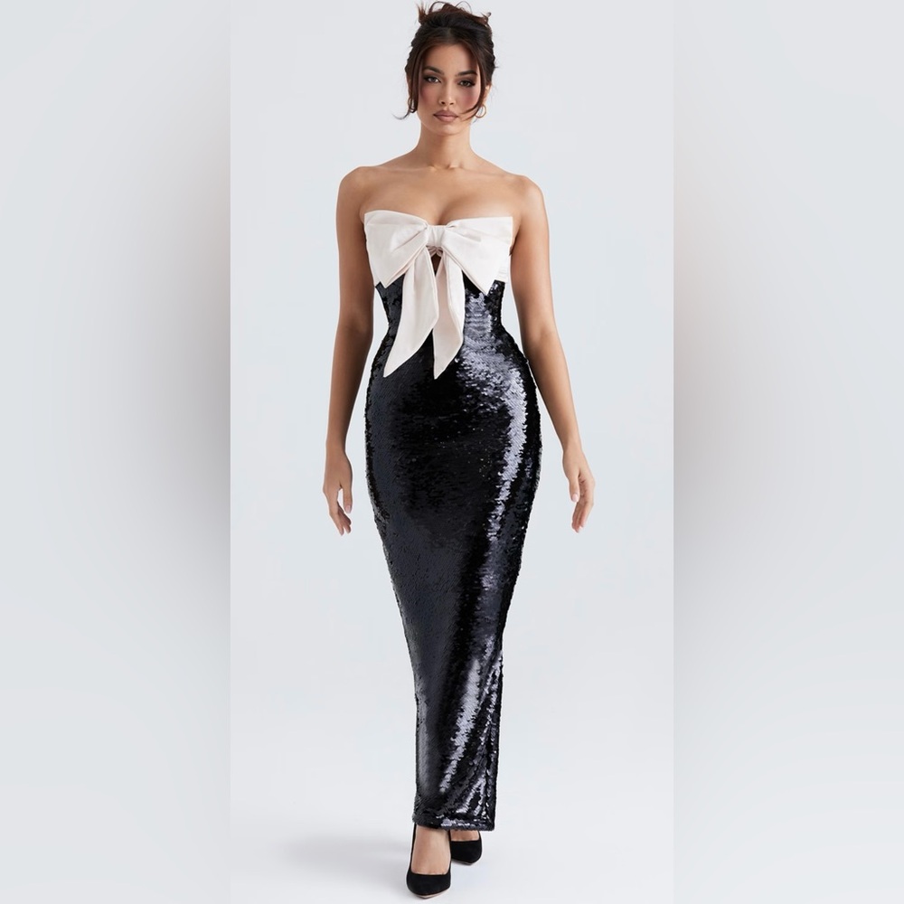 House of CB NWT Black White Holly Sequin Strapless Maxi Bow Dress (Small)